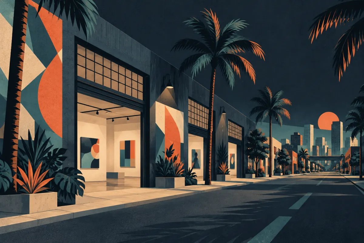 Stylized illustration of industrial warehouses repurposed as galleries beside palms and a broad quiet street.