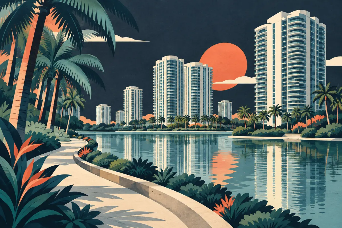 Stylized illustration of condominium towers, landscaped lake and palm-lined walking path.