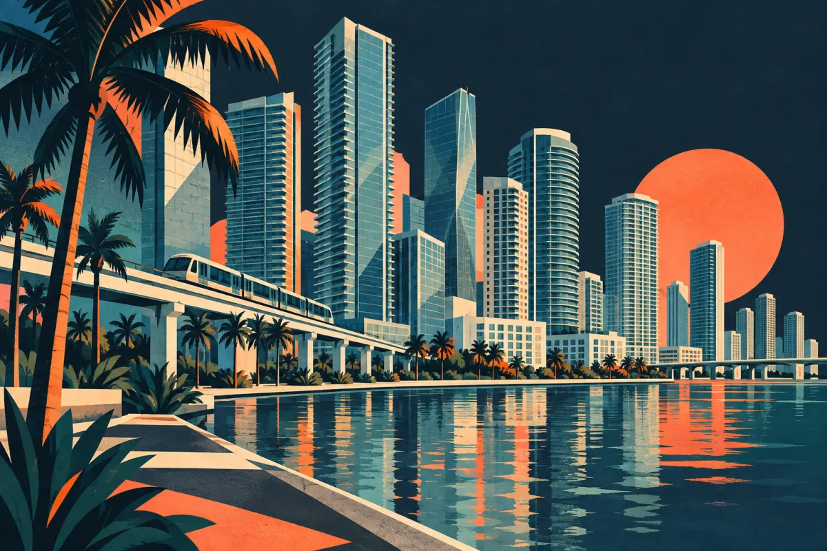 Stylized illustration of bayfront towers and urban transit in Brickell.