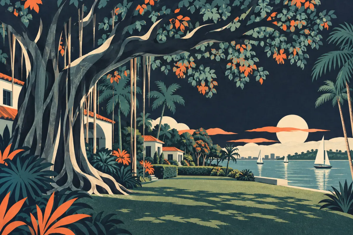 Stylized illustration of banyan canopy over low village houses, bayfront lawn and distant sailboats.