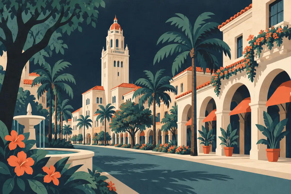 Stylized illustration of mediterranean revival civic tower and arcaded storefronts on a leafy boulevard.