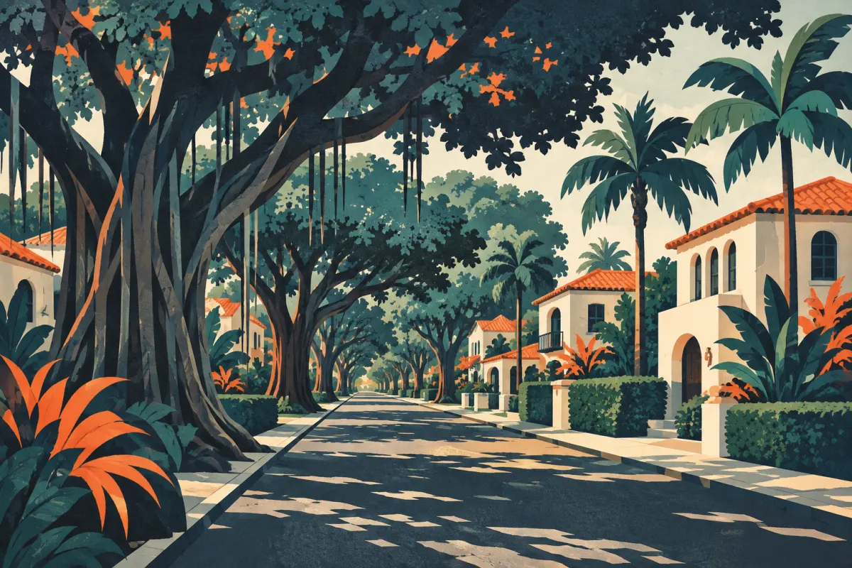 Stylized illustration of banyan-lined boulevard and low mediterranean revival houses.