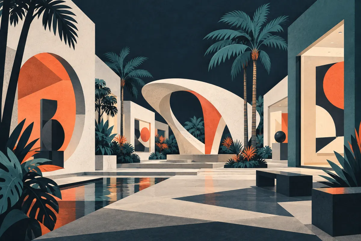 Stylized illustration of contemporary sculptural pavilion and geometric gallery facades in a pedestrian plaza.