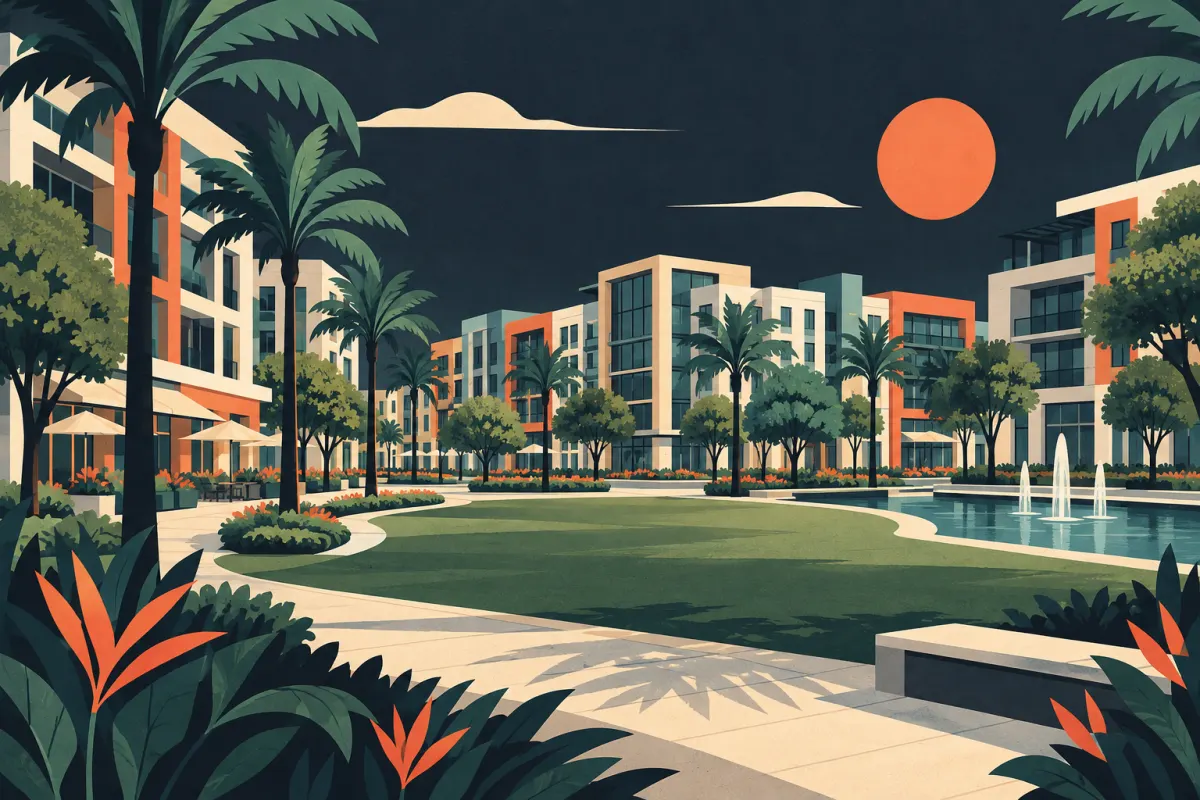 Stylized illustration of contemporary mid-rise town center around a green public park.