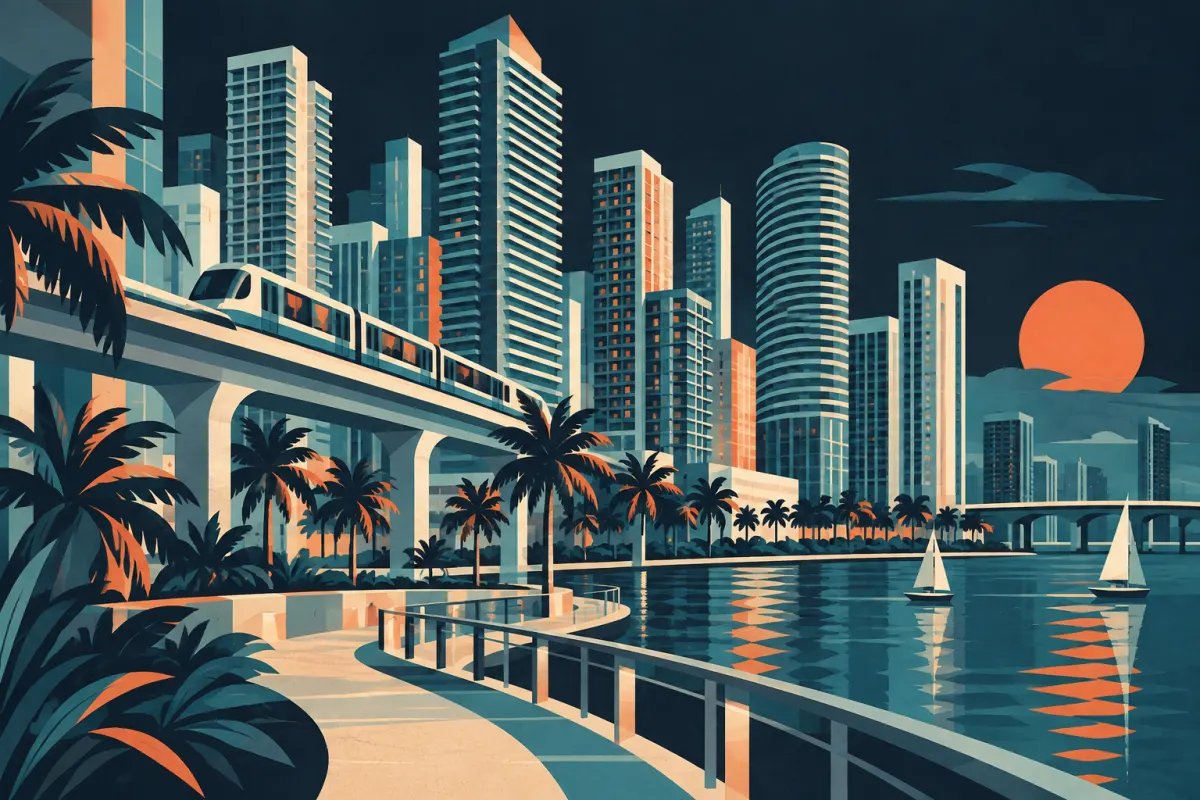 Stylized illustration of dense skyline and elevated small urban transit train near a waterfront promenade.