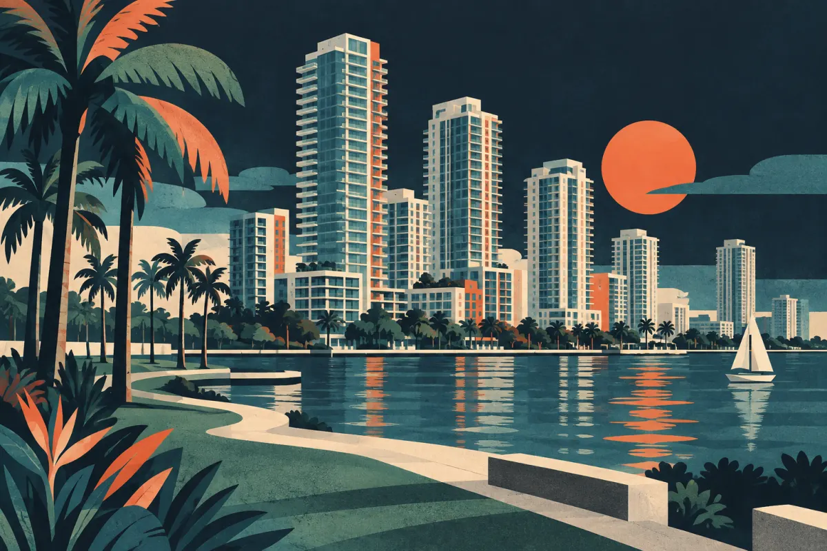 Stylized illustration of modern residential towers behind an open bayfront park and palms.