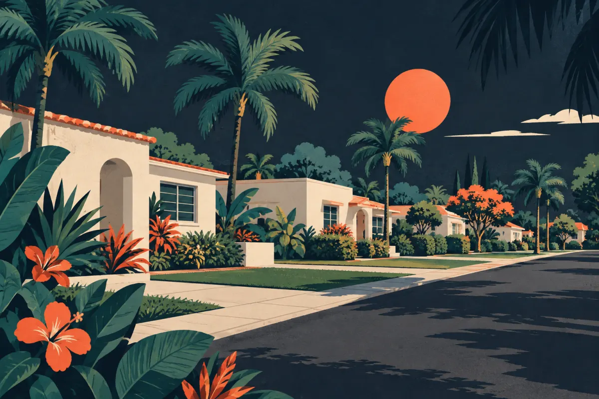 Stylized illustration of low stucco houses, tropical front gardens and a quiet residential street.