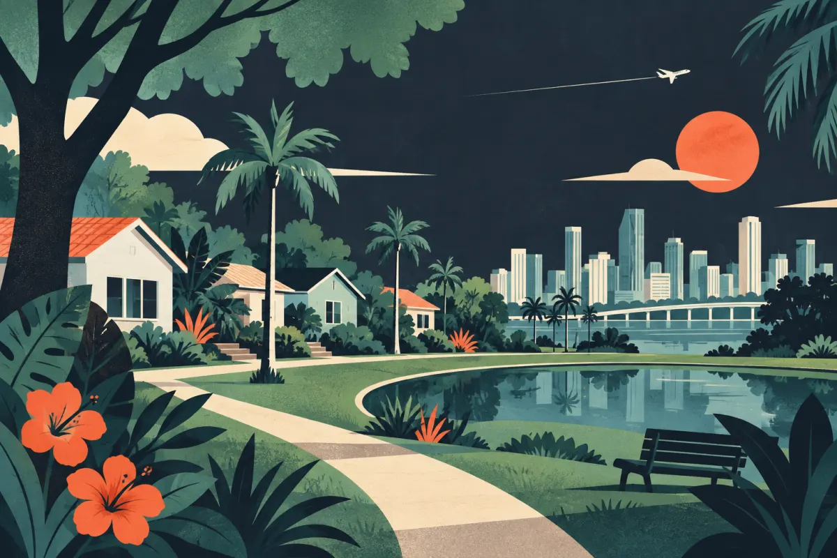 Stylized illustration of park greenery and small homes with a tiny distant aircraft silhouette.