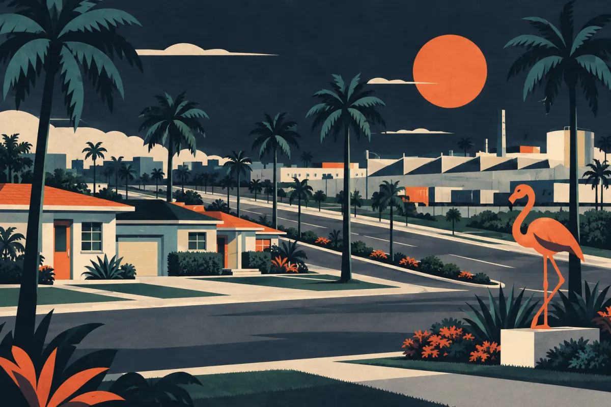 Stylized illustration of modest homes, broad avenues and industrial rooflines, palms and a flamingo silhouette sculpture.