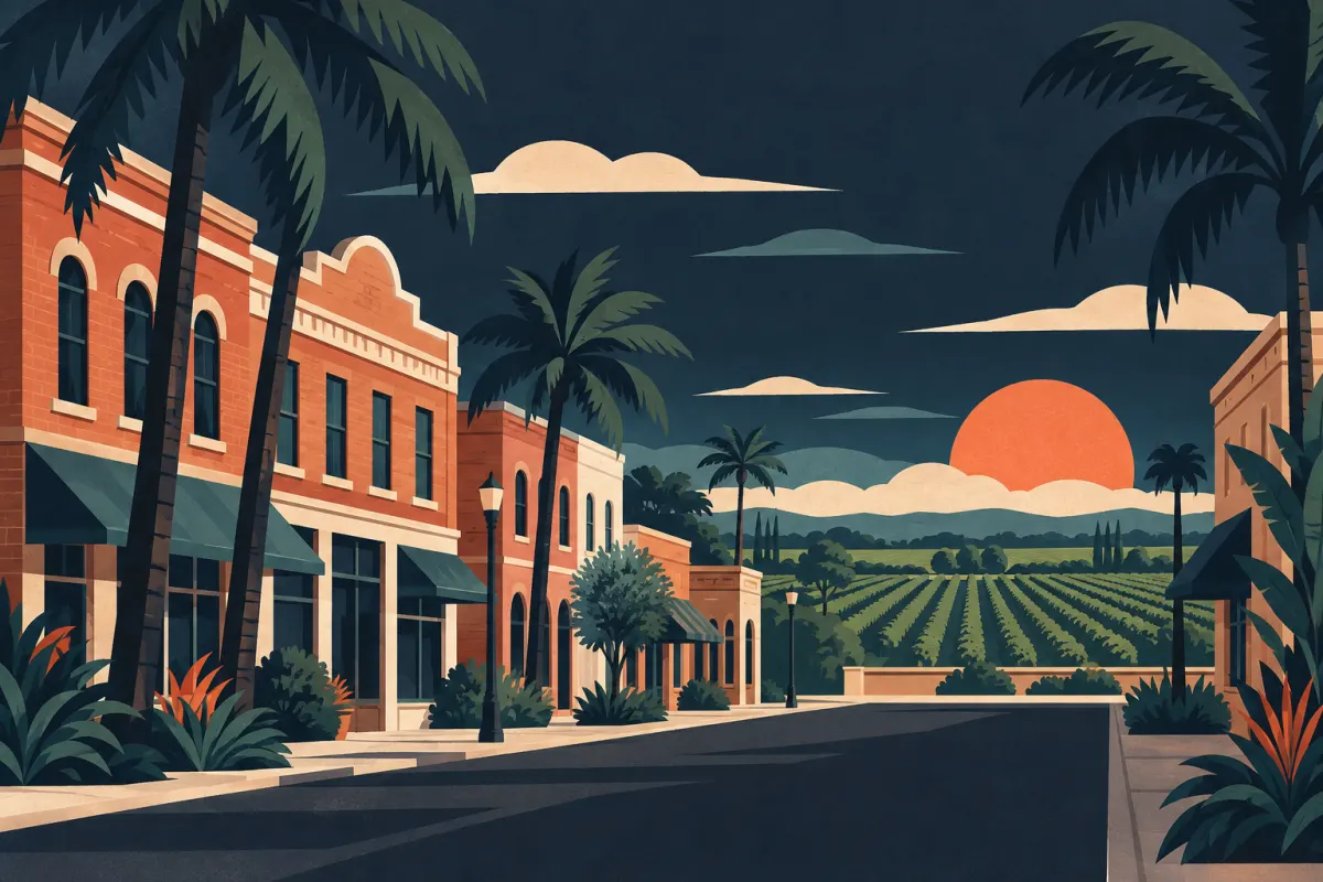 Stylized illustration of historic small-town brick facades and distant agricultural fields.