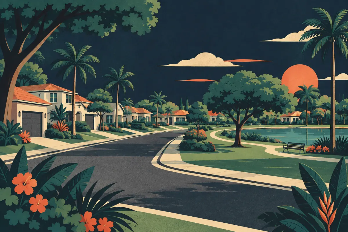 Stylized illustration of suburban homes, generous greenery, a residential road and a park.