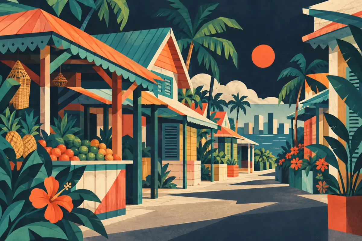 Stylized illustration of caribbean-inspired colorful wooden marketplace rooflines and neighborhood streets.