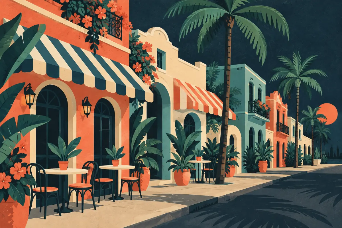Stylized illustration of colorful low-rise stucco buildings with striped awnings, sidewalk cafe tables and tropical plants.