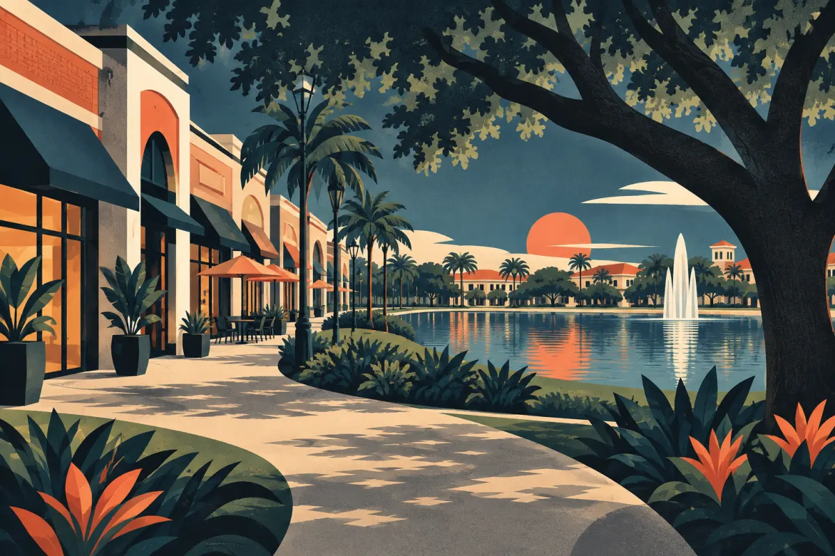 Stylized illustration of town-center storefronts, lake and oak-shaded paths.