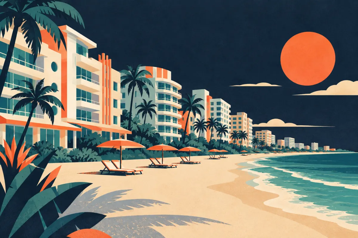 Stylized illustration of hotels behind a sandy beach in Mid-Beach.