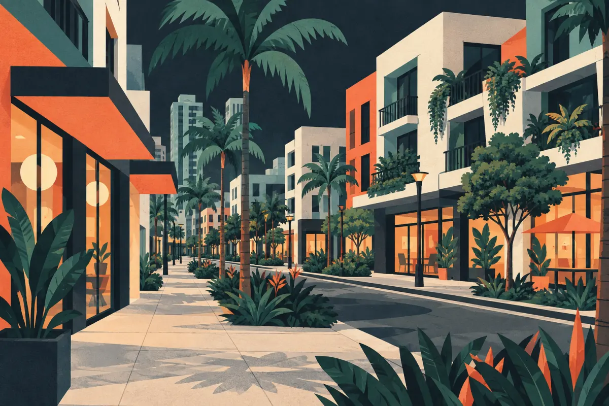 Stylized illustration of walkable blocks of mid-rise apartments and ground-floor retail without signs.