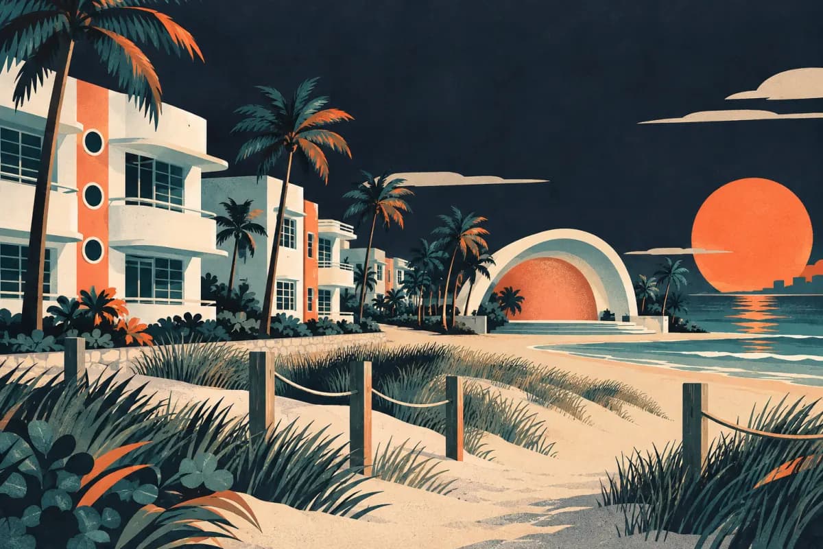 Stylized illustration of low-rise buildings, a bandshell and dunes in North Beach.