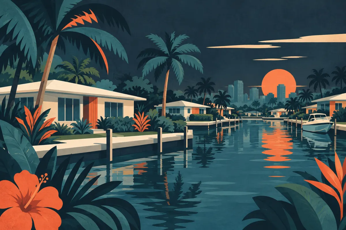 Stylized illustration of low suburban houses, canal and tropical vegetation.