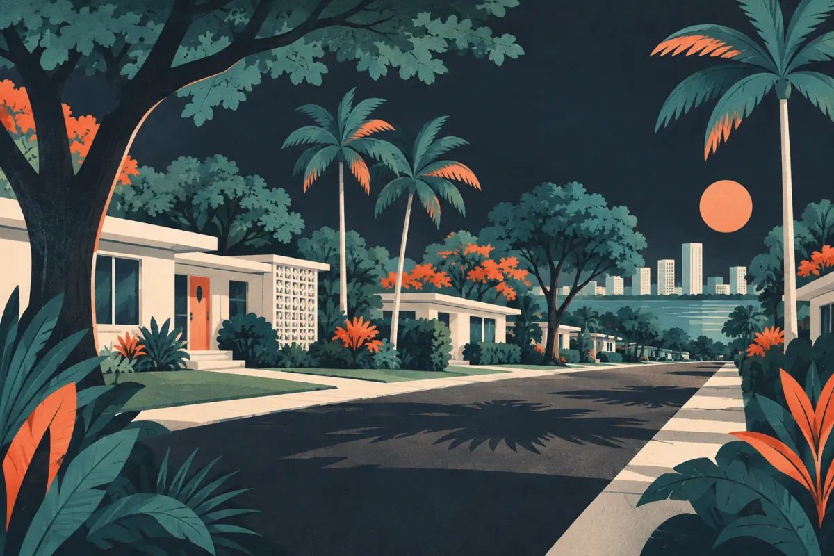 Stylized illustration of low civic buildings, tropical shade trees and quiet residential streets.