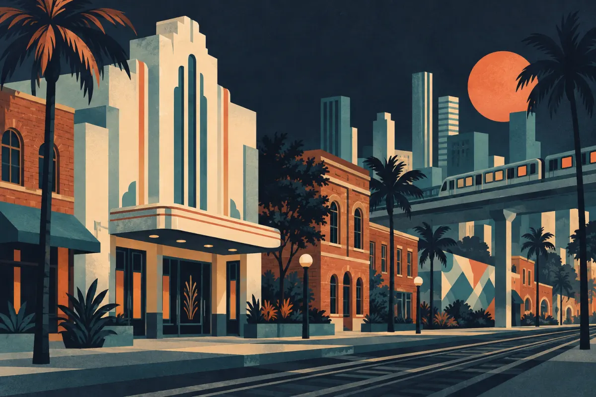 Stylized illustration of historic theater-inspired unmarked facade, brick community buildings and transit tracks.