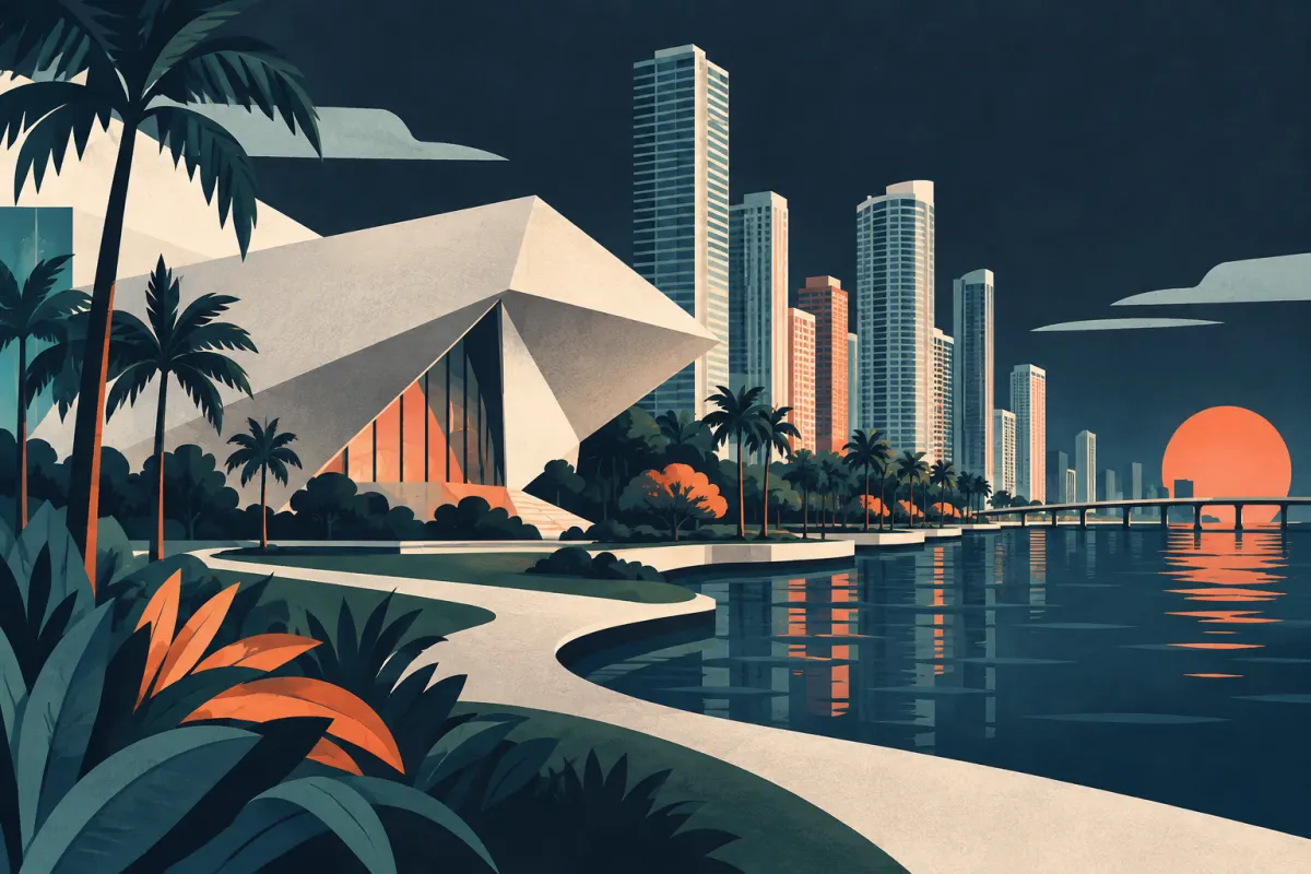 Stylized illustration of abstract modern museum pavilion, urban towers and a bayfront park.