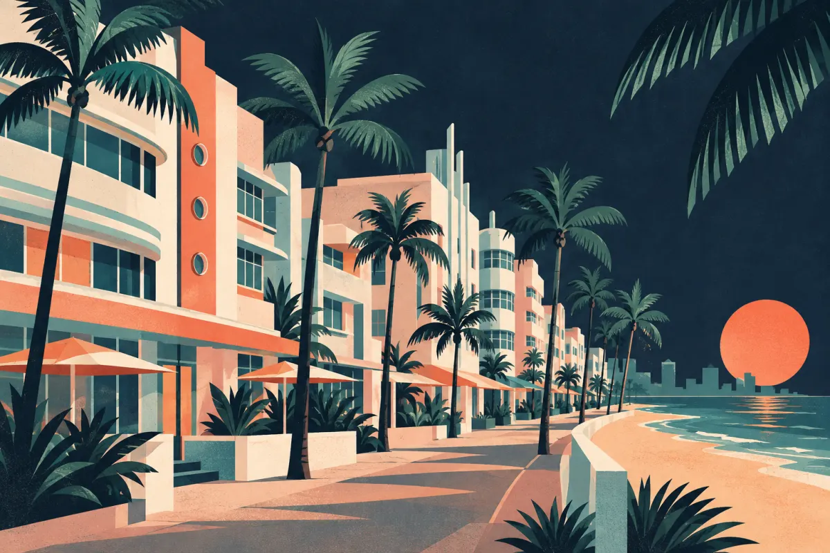 Stylized illustration of Art Deco facades and palms beside the South Beach promenade.