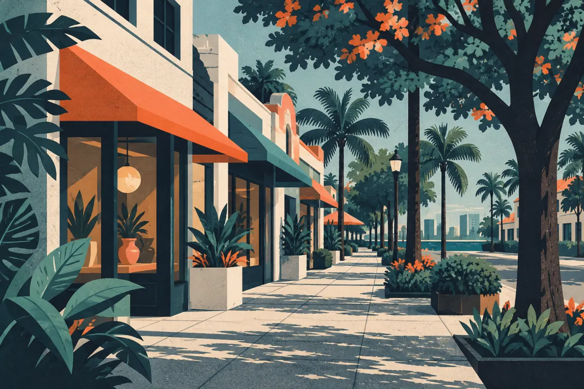 Stylized illustration of small walkable downtown, low shops and shaded neighborhood sidewalk.