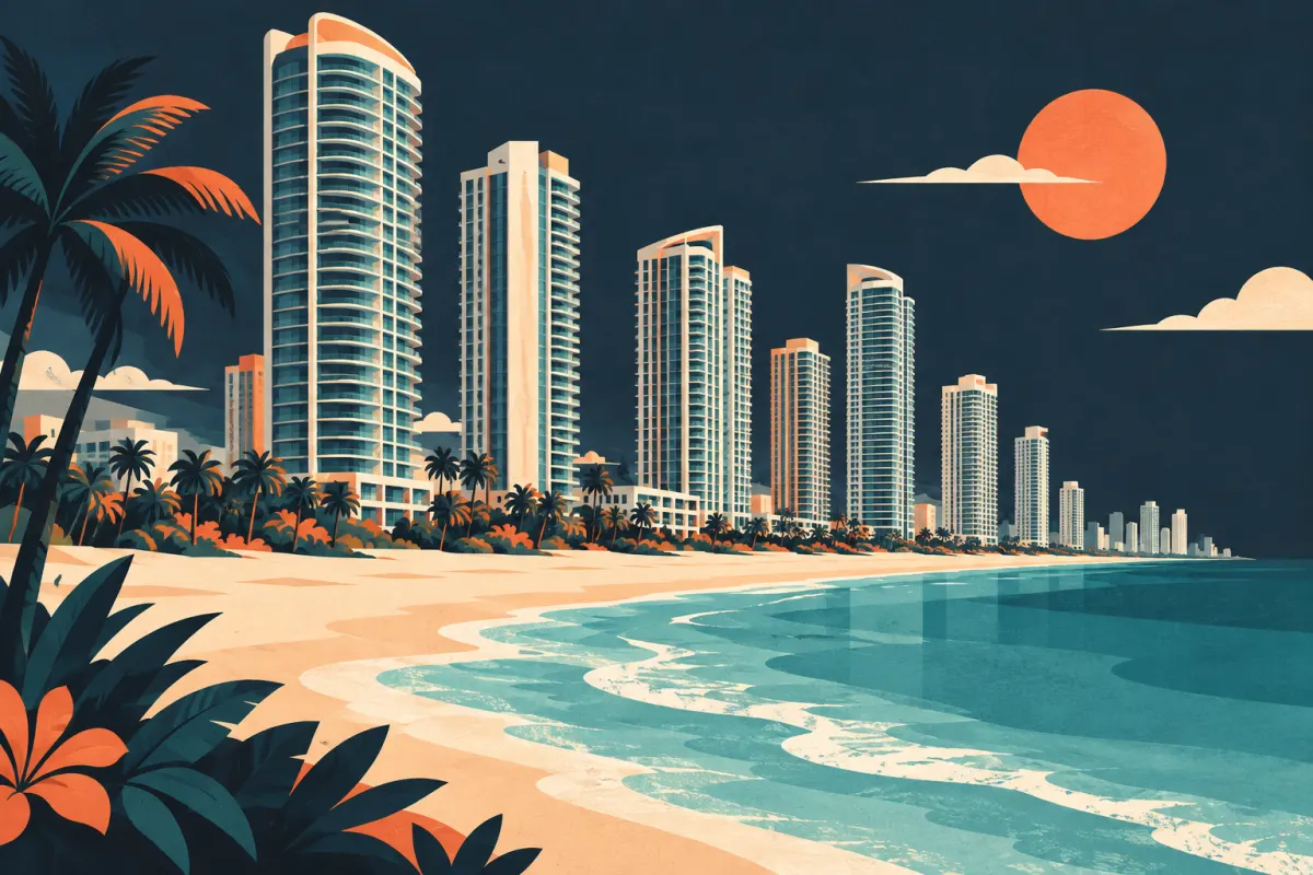 Stylized illustration of slender condominium towers behind sandy ocean beach.