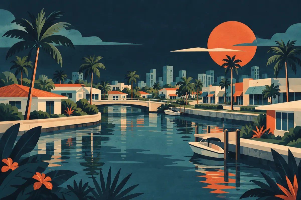 Stylized illustration of compact residential blocks, low commercial buildings and canal landscape.