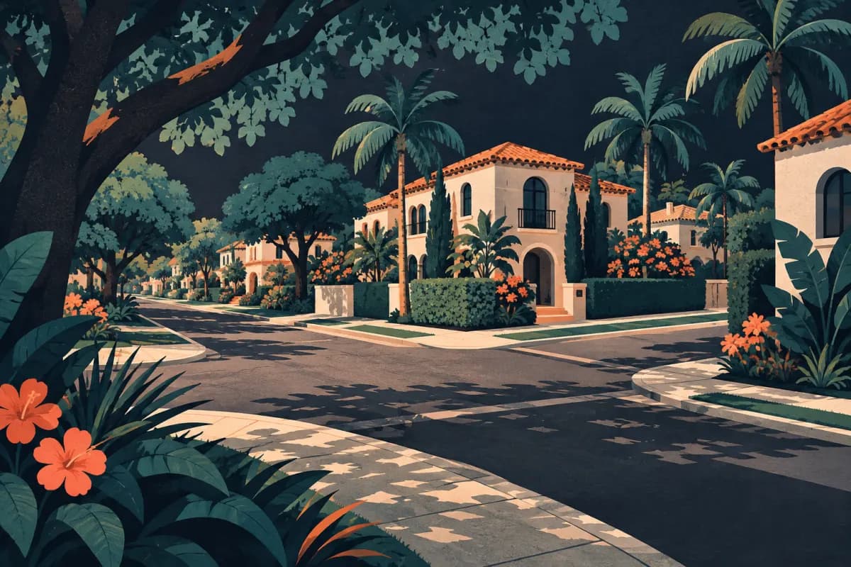 Stylized illustration of diagonal residential intersection, mediterranean houses and deep tree canopy.