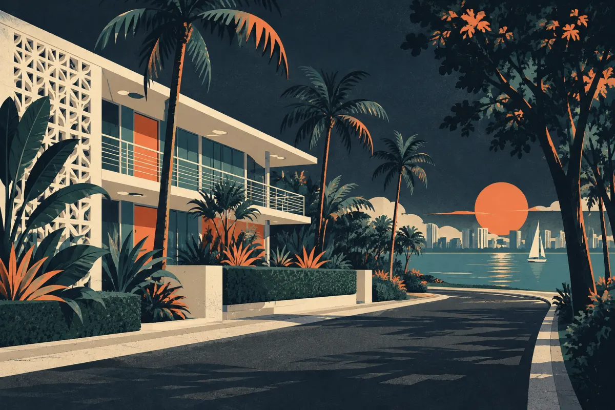 Stylized illustration of midcentury modern motel architecture, quiet tree-lined road and bay glimpses.
