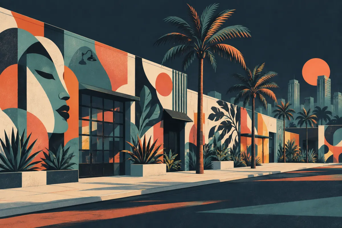 Stylized illustration of mural-covered warehouses and palms in Wynwood.